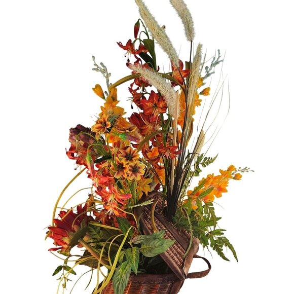 Artificial Floral Arrangement In Vintage Fishing Creel Wicker Basket With Leathe - Picture 9 of 14